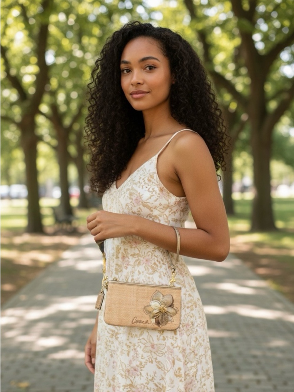 Coach Hampton Gold and Tan Woven Straw Wristlet w/ Flower Appliqué